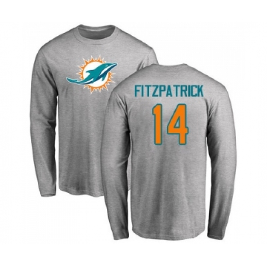Football Miami Dolphins #14 Ryan Fitzpatrick Ash Name & Number Logo Long Sleeve T-Shirt - Ujersey