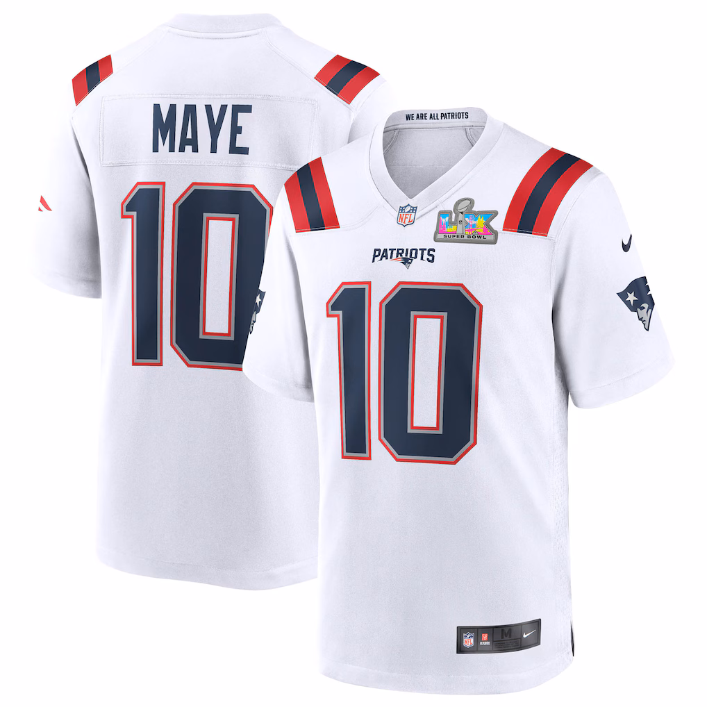 Men's New England Patriots Drake Maye Nike White Super Bowl LX Patch Game Jersey - Vujersey Los Angeles Rams