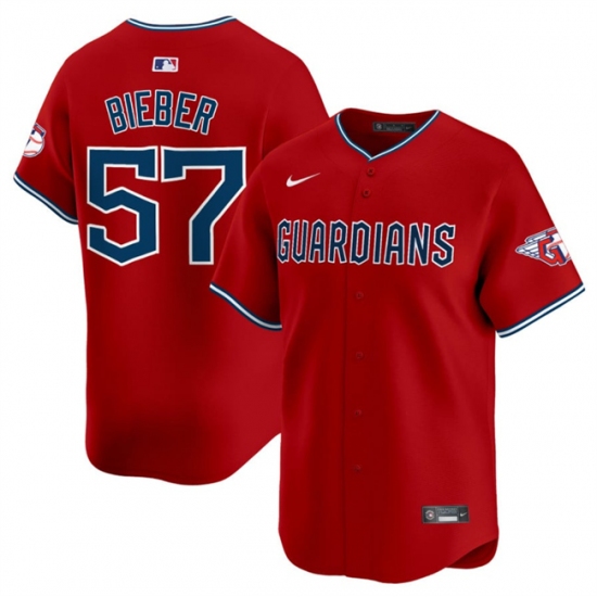 Men's Cleveland Guardians #57 Shane Bieber Red Alternate Limited Stitched Baseball Jersey - Ujersey