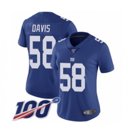 Women's New York Giants #58 Tae Davis Royal Blue Team Color Vapor Untouchable Limited Player 100th Season Football Jersey - Ujersey