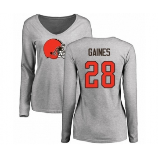 Football Women's Cleveland Browns #28 Phillip Gaines Ash Name & Number Logo Long Sleeve T-Shirt - Ujersey