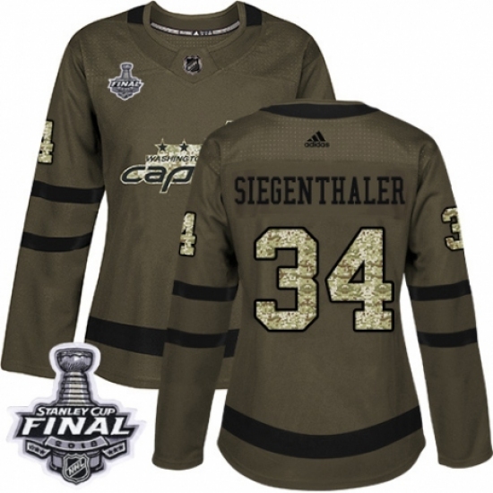 Women's Adidas Washington Capitals #34 Jonas Siegenthaler Authentic Green Salute to Service 2018 Stanley Cup Final NHL Jersey - Ujersey