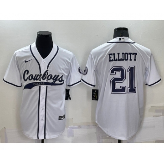 Men's Dallas Cowboys #21 Ezekiel Elliott White Stitched Cool Base Nike Baseball Jersey - Ujersey