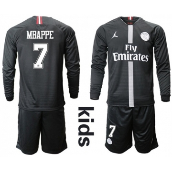 Paris Saint-Germain #7 Mbappe Jordan Home Long Sleeves Kid Soccer Club Jersey