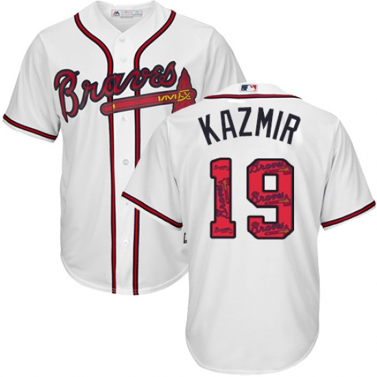 Men's Majestic Atlanta Braves #19 Scott Kazmir Authentic White Team Logo Fashion Cool Base MLB Jersey - Ujersey