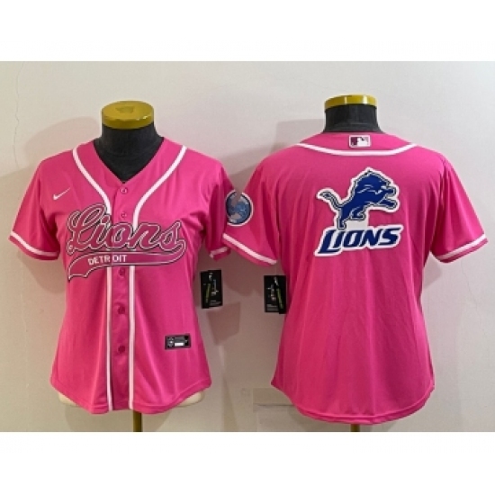 Women's Detroit Lions Pink Team Big Logo With Patch Cool Base Stitched Baseball Jersey - Ujersey