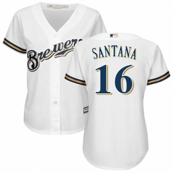 Women's Majestic Milwaukee Brewers #16 Domingo Santana Authentic Navy Blue Alternate Cool Base MLB Jersey - Ujersey