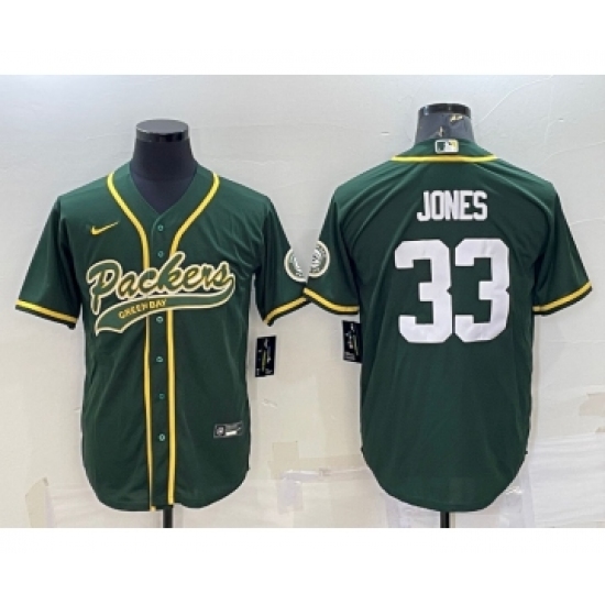 Men's Green Bay Packers #33 Aaron Jones Green With Patch Cool Base Stitched Baseball Jersey - Ujersey