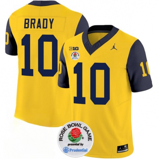 Men's Michigan Wolverines #10 Tom Brady 2023 F.U.S.E. Yellow Navy Rose Bowl Stitched Jersey - Ujersey