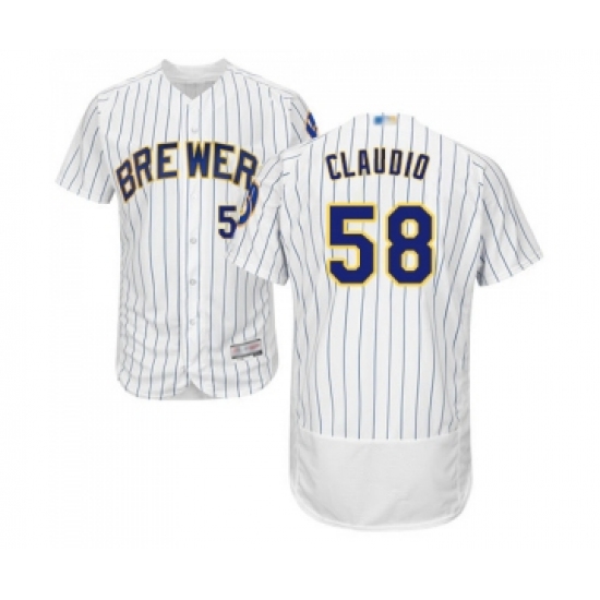 Men's Milwaukee Brewers #58 Alex Claudio White Home Flex Base Authentic Collection Baseball Jersey - Ujersey