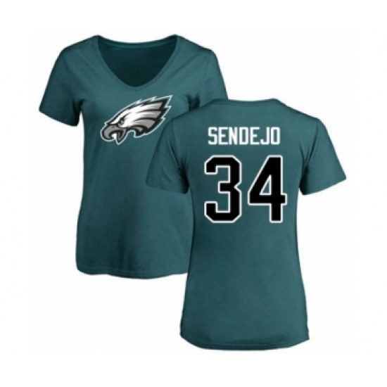 Women's Philadelphia Eagles #34 Andrew Sendejo Green Name & Number Logo Slim Fit T-Shirt - Ujersey