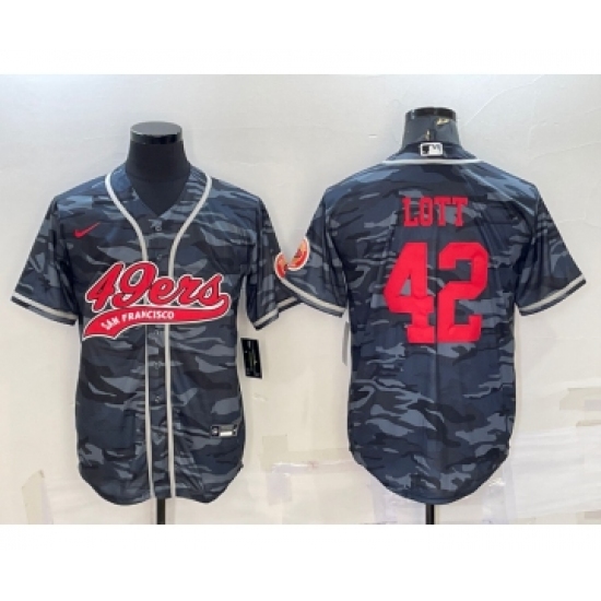 Men's San Francisco 49ers #42 Ronnie Lott Grey Camo With Patch Cool Base Stitched Baseball Jersey - Ujersey
