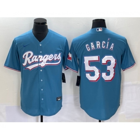 Men's Nike Texas Rangers #53 Adolis Garcia Light Blue Cool Base Stitched Baseball Jersey - Ujersey