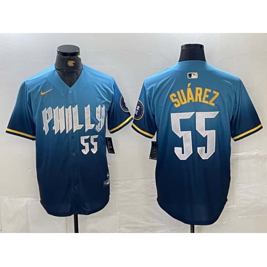Men's Philadelphia Phillies #55 Ranger Suarez Blue 2024 City Player Number Cool Base Jersey - Ujersey
