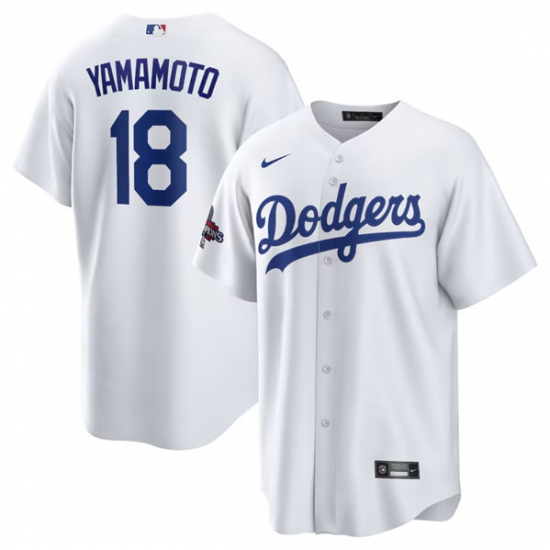 Men's Los Angeles Dodgers #18 Yoshinobu Yamamoto White 2024 World Series Champions Home Stitched Baseball Jersey - Ujersey