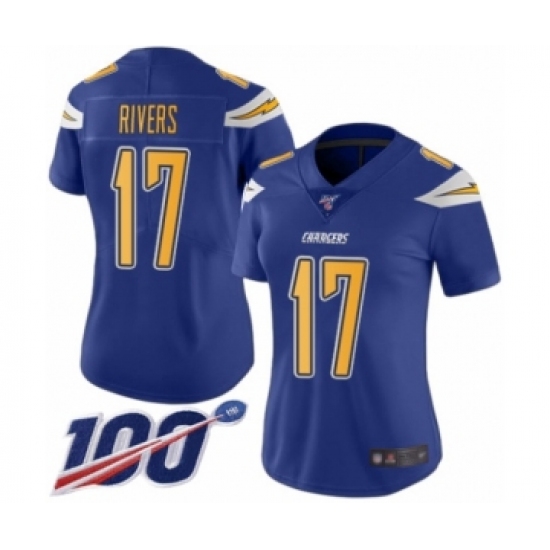 Women's Nike Los Angeles Chargers #17 Philip Rivers Limited Electric Blue Rush Vapor Untouchable 100th Season NFL Jersey - Ujersey