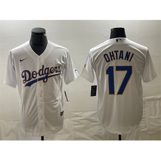 Men's Los Angeles Dodgers #17 Shohei Ohtani White Gold Cool Base Stitched Baseball Jersey - Ujersey