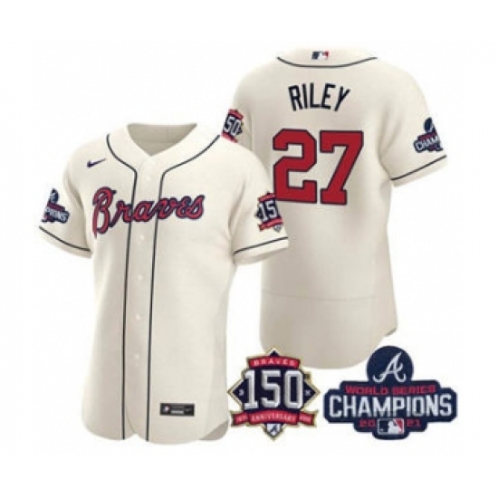 Men's Atlanta Braves #27 Austin Riley 2021 Cream World Series Champions With 150th Anniversary Flex Base Stitched Jersey - Ujersey