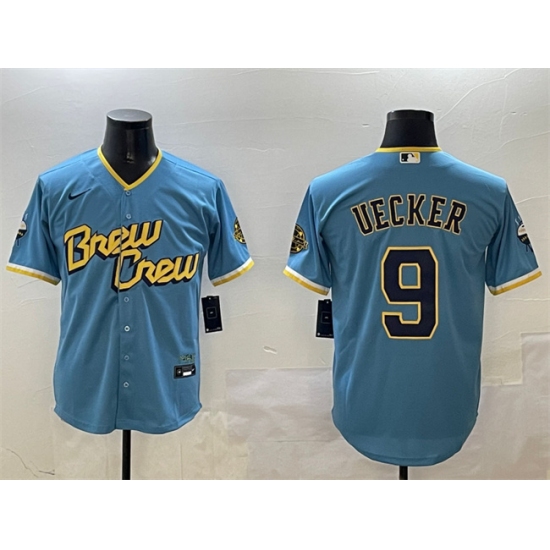 Men's Milwaukee Brewers #9 Bob Uecker Powder Blue City Connect With Cool Base Stitched Jersey - Ujersey