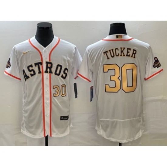 Men's Houston Astros #30 Kyle Tucker Number 2023 White Gold World Serise Champions Flex Base Stitched Jersey1 - Ujersey