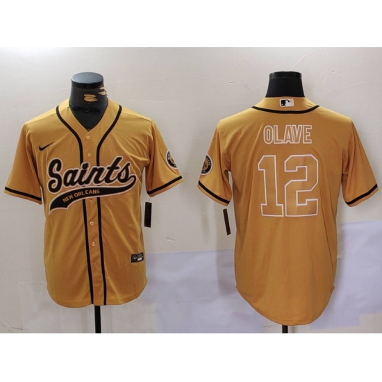 Men's New Orleans Saints #12 Chris Olave Gold Cool Base Stitched Baseball Jersey - Ujersey