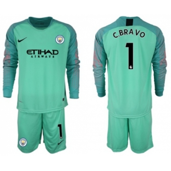 Manchester City #1 C.Bravo Green Goalkeeper Long Sleeves Soccer Club Jersey