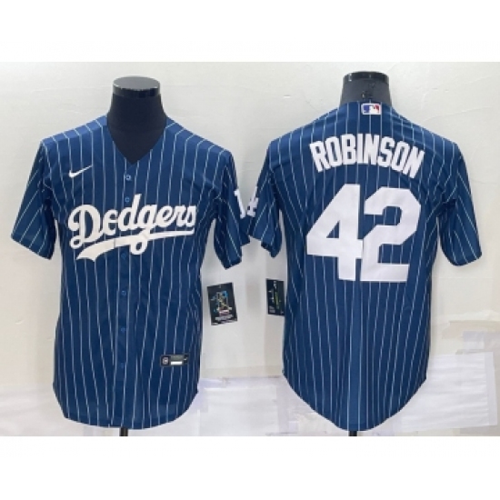 Men's Los Angeles Dodgers #42 Jackie Robinson Navy Blue Pinstripe Stitched MLB Cool Base Nike Jersey - Ujersey