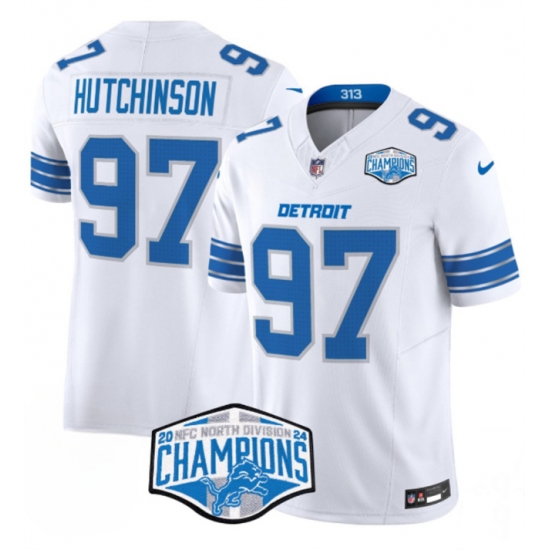 Men's Detroit Lions #97 Aidan Hutchinson White 2024 NFC North Champions F.U.S.E. Vapor Limited Stitched Jersey