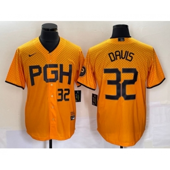 Men's Nike Pittsburgh Pirates #32 Henry Davis Number Yellow 2023 City Connect Stitched Jersey2 - Ujersey