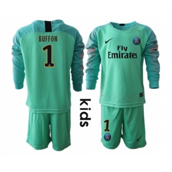 Paris Saint Germain #1 Buffon Green Goalkeeper Long Sleeves Kid Soccer Club Jersey