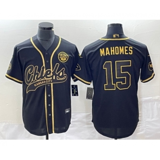 Men's Nike Kansas City Chiefs #15 Patrick Mahomes Black Gold Super Bowl LVII Cool Base Stitched Baseball Jersey - Ujersey