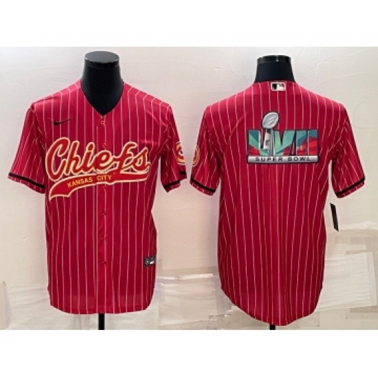 Men's Kansas City Chiefs Blank Red With Super Bowl LVII Big Logo Cool Base Stitched Baseball Jersey - Ujersey