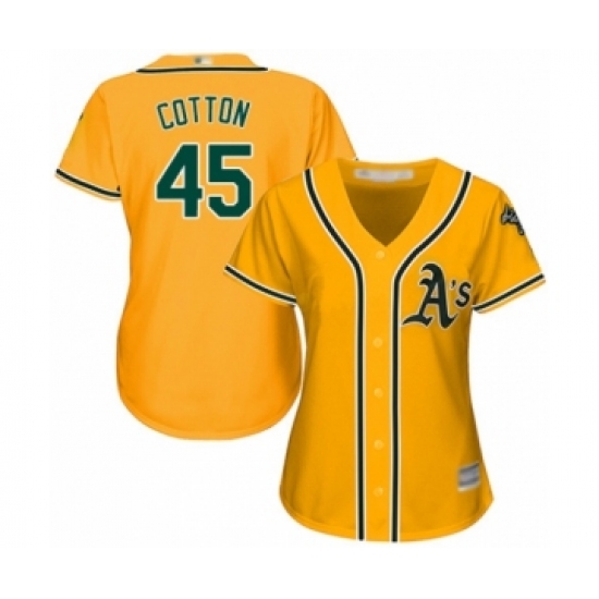 Women's Oakland Athletics #45 Jharel Cotton Authentic Gold Alternate 2 Cool Base Baseball Player Jersey - Ujersey