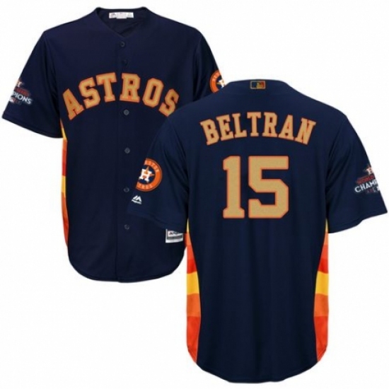 Youth Majestic Houston Astros #15 Carlos Beltran Authentic Navy Blue Alternate 2018 Gold Program Cool Base MLB Jersey - Ujersey