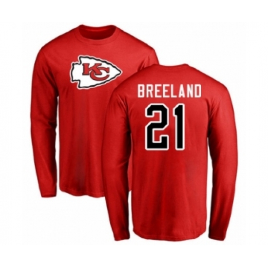 Football Kansas City Chiefs #21 Bashaud Breeland Red Name & Number Logo Long Sleeve T-Shirt - Ujersey