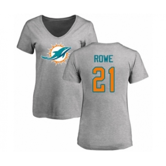 Football Women's Miami Dolphins #21 Eric Rowe Ash Name & Number Logo T-Shirt - Ujersey