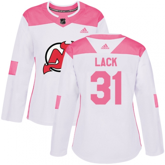 Women's Adidas New Jersey Devils #31 Eddie Lack Authentic White Pink Fashion NHL Jersey - Ujersey