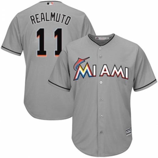 Youth Majestic Miami Marlins #11 J. T. Realmuto Authentic Grey Road Cool Base MLB Jersey - Ujersey