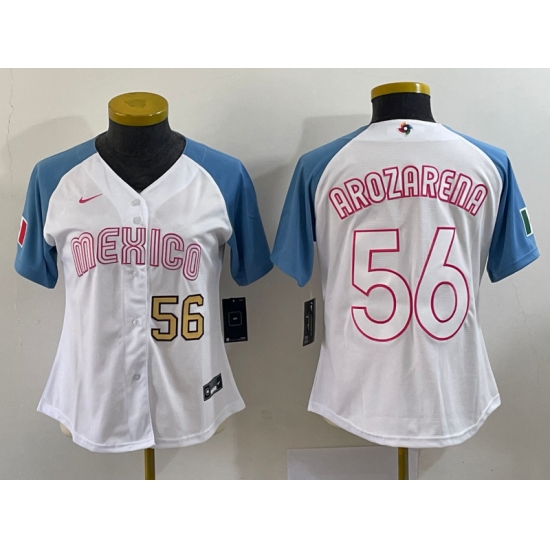 Women's Mexico Baseball #56 Randy Arozarena 2023 White Blue World Classic Stitched Jersey2
