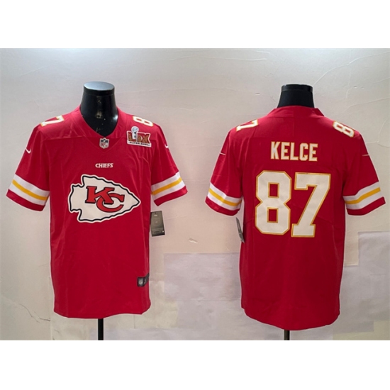 Men's Kansas City Chiefs #87 Travis Kelce Red 2025 Super Bowl LIX Team Big Logo Vapor Limited Stitched Football Jersey - Ujersey