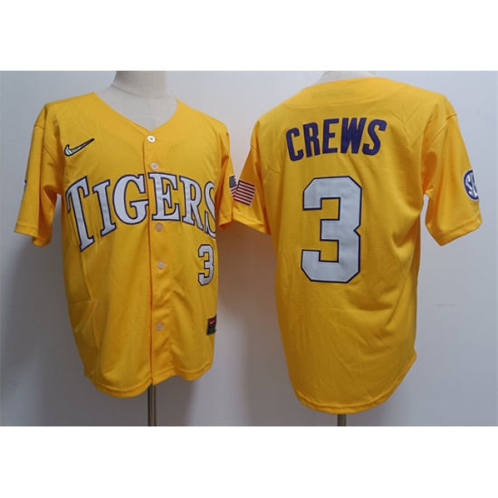 Men's LSU Tigers #3 ylan Crews Gold 2023 Stitched Baseball Jersey - Ujersey