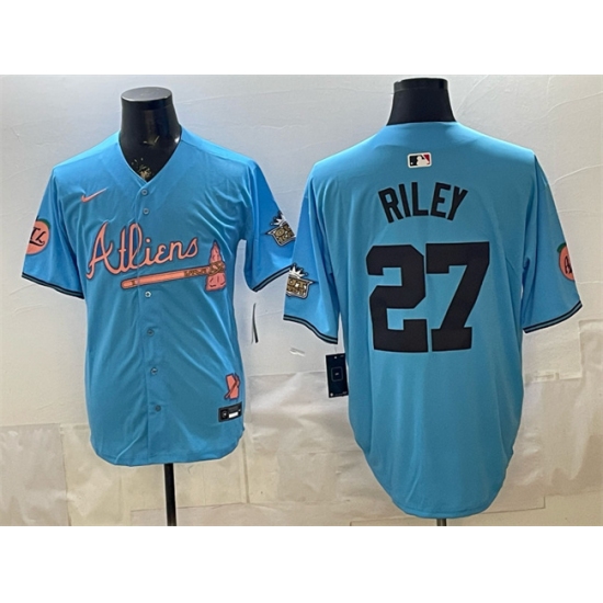 Men's Atlanta Braves #27 Austin Riley Blue 2024 Atliens & Peach With Outkast Vapor Limited Stitched Baseball Jersey - Ujersey