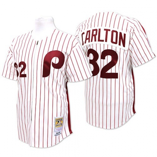 Men's Mitchell and Ness Philadelphia Phillies #32 Steve Carlton Replica White/Red Strip Throwback MLB Jersey - Ujersey
