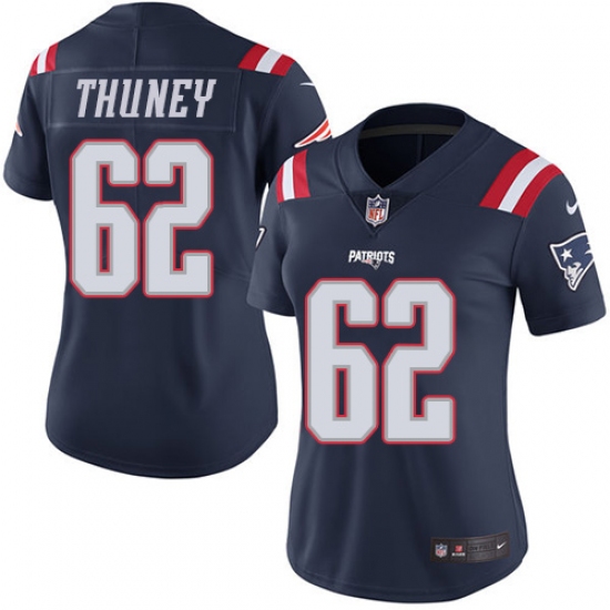 Women's Nike New England Patriots #62 Joe Thuney Limited Navy Blue Rush Vapor Untouchable NFL Jersey - Ujersey