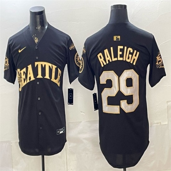 Men's Seattle Mariners #29 Cal Raleigh Black Gold 50th Anniversary & AL West Division Champions Vapor Limited Stitched Baseball Jersey - Ujersey
