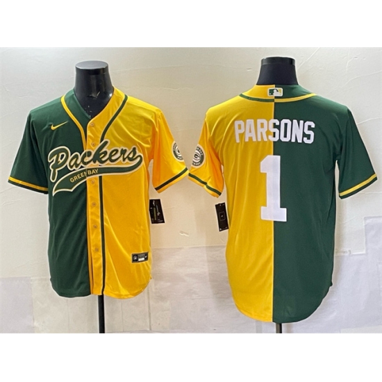Men's Green Bay Packers #1 Micah Parsons Green Gold Split Cool Base Stitched Baseball Jersey - Ujersey