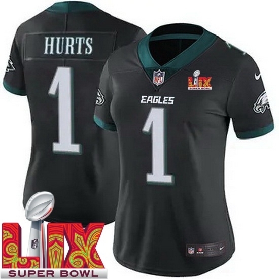 Women Philadelphia Eagles Jalen Hurts #1 Black 2024 2025 Super Bowl LIX F U S E Stitched NFL Jersey - Ujersey