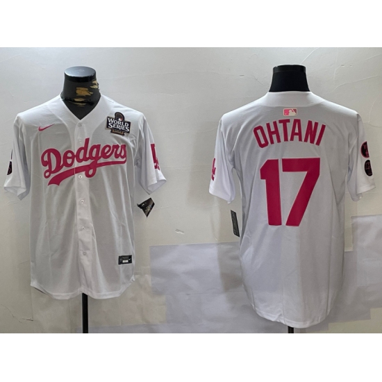 Men's Los Angeles Dodgers #17 Shohei Ohtani Number White Pink 2024 World Series Limited Cool Base Stitched Jerseys - Ujersey