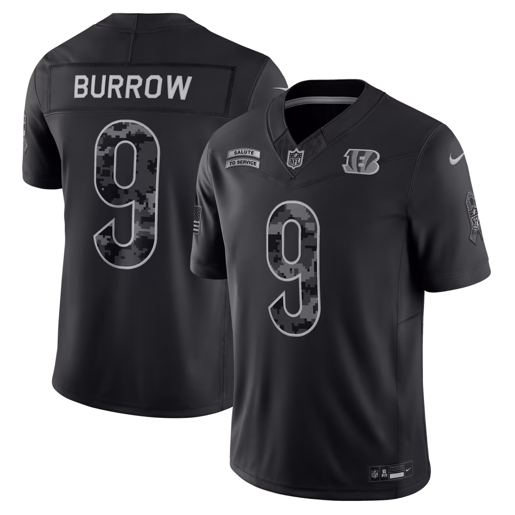 Men's Cincinnati Bengals Joe Burrow Nike Black 2026 Salute to Service Stitched Limited Jersey - U-jersey