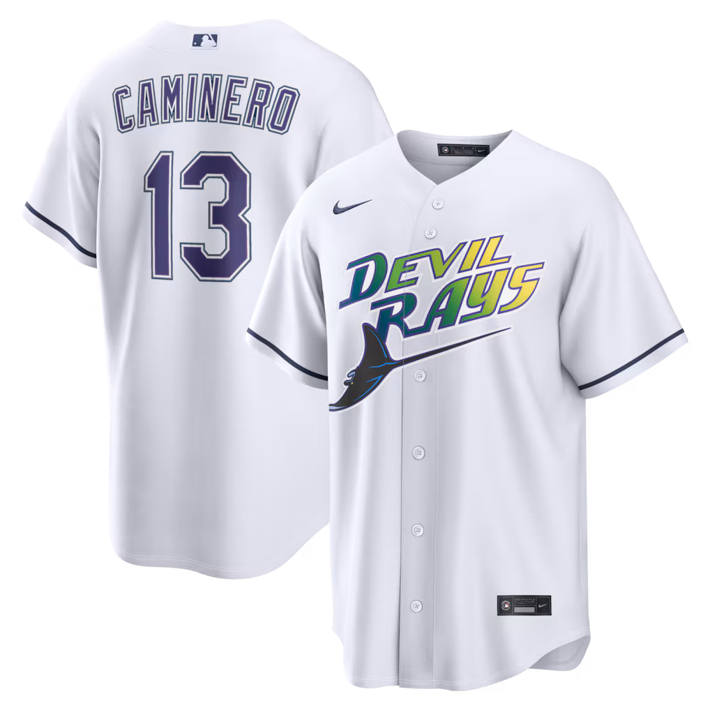 Men's Tampa Bay Rays Junior Caminero Nike White Alternate 2 Replica Jersey - ujerseystore